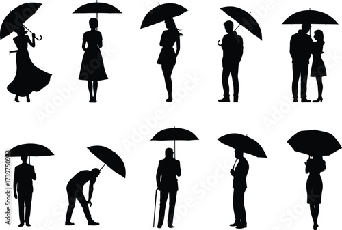 Umbrella silhouette, people pose, walking, standing, disabled figure, rainy day, cad drawing, flat vector, black icon, human shape, illustration