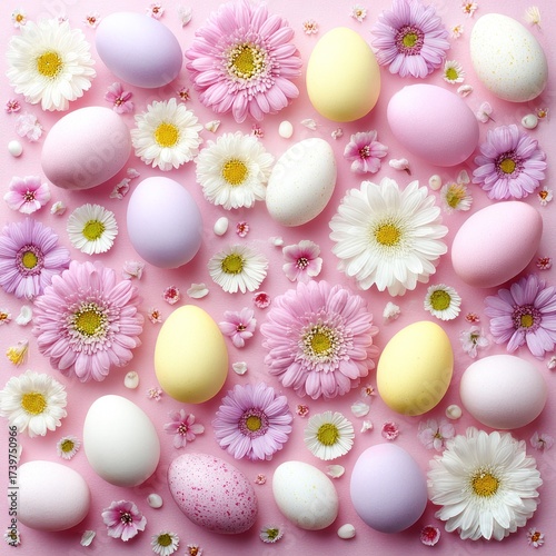 Pastel Easter arrangement of eggs and vibrant flowers on a pink surface