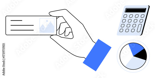 A hand holds an ID card with a calculator and pie chart, symbolizing analysis, identification, financial management, and data insights. Ideal for business, education, marketing, analytics identity