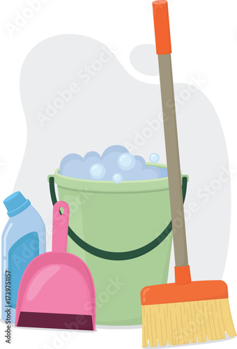 Composition of cleaning supplies with foam-filled bucket, detergent bottle, broom and dustpan. Illustration of essential household cleaning tools