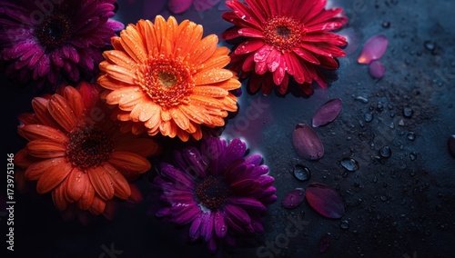 Vivid gerbera daisies float on dark water, reflecting with scattered petals
