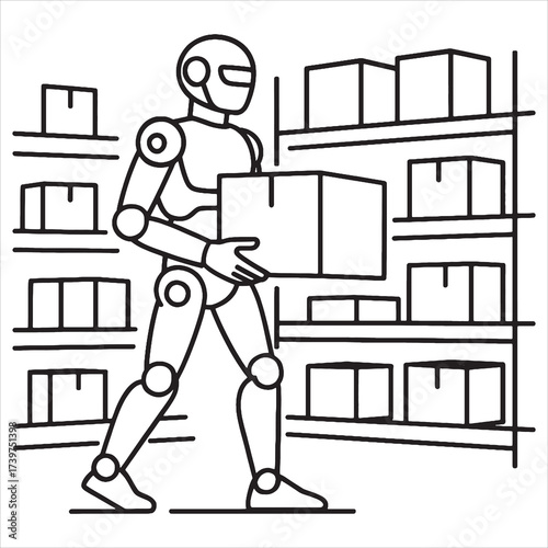 Black and white outline illustration of a humanoid robot carrying a cardboard box inside a modern automated warehouse. Clean vector line art with shelves of stacked boxes, robotic pallet, and minimal 