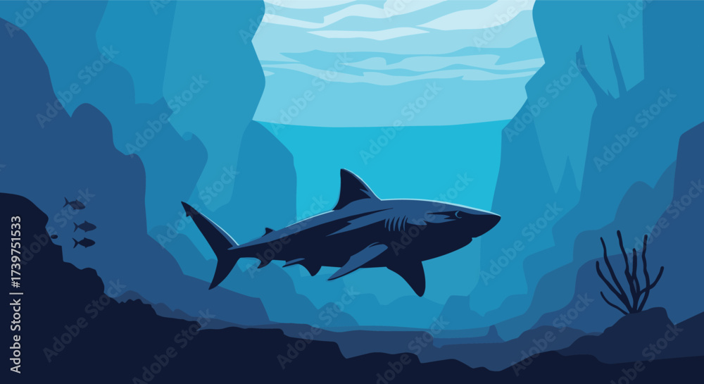 Obraz premium Pixel art depiction of a powerful shark swimming through a deep blue ocean with rocky underwater structures.