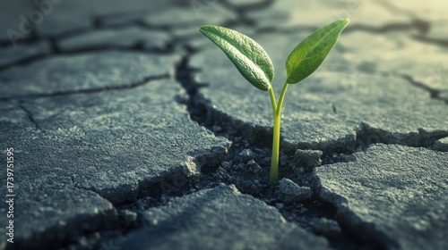 Green Sprout Breaking Through Cracked Concrete with Soft Shadows and Tiny Debris