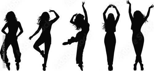 silhouette women dancing poses collection, modern female dancers movement, elegant body shapes, contemporary dance illustration, fashion model figures vector art design