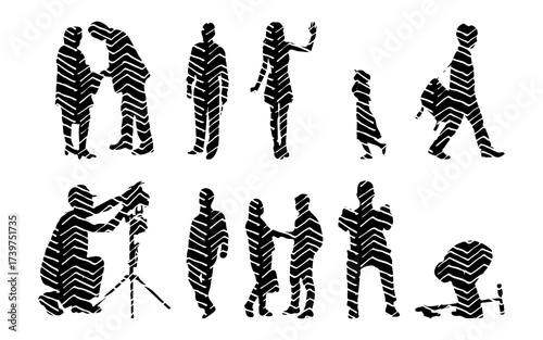 Vector illustration, Outline silhouettes of people, Contour drawing, people silhouette, Icon Set Isolated , Silhouette of sitting people, Architectural set