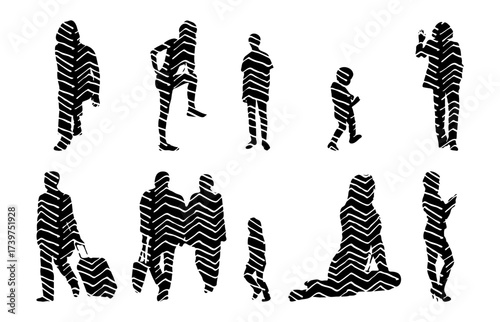 Vector illustration, Outline silhouettes of people, Contour drawing, people silhouette, Icon Set Isolated , Silhouette of sitting people, Architectural set