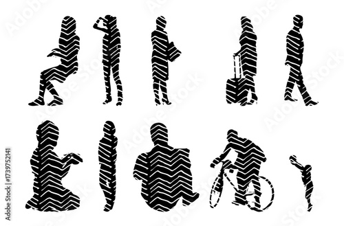 Vector illustration, Outline silhouettes of people, Contour drawing, people silhouette, Icon Set Isolated , Silhouette of sitting people, Architectural set