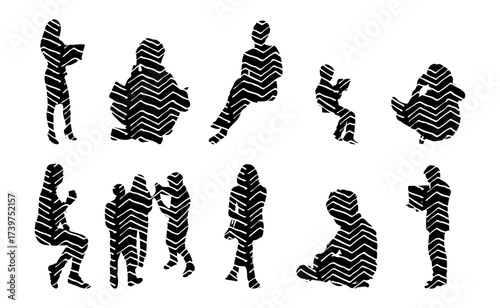 Vector illustration, Outline silhouettes of people, Contour drawing, people silhouette, Icon Set Isolated , Silhouette of sitting people, Architectural set