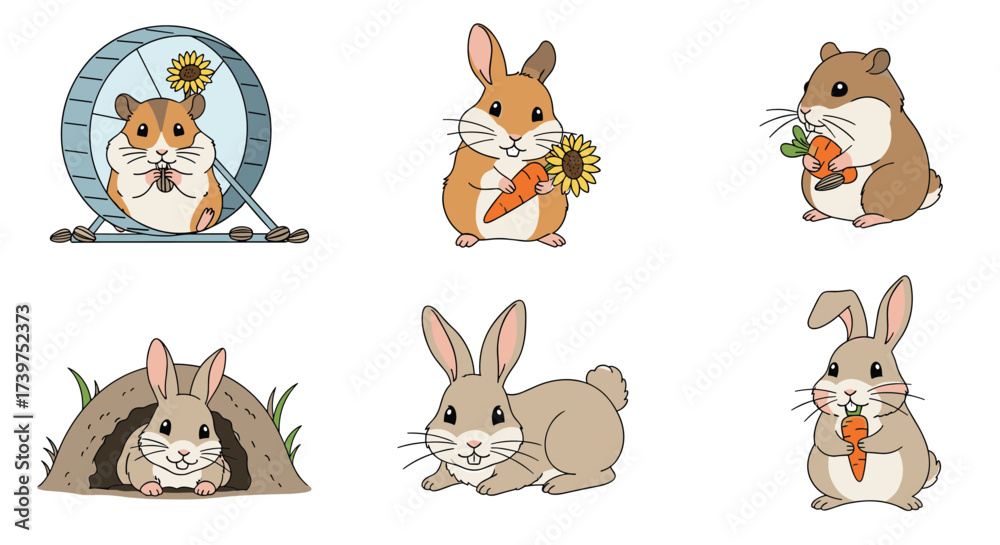 Obraz premium Cute cartoon animals including hamsters and rabbits enjoying healthy vegetables and seeds.