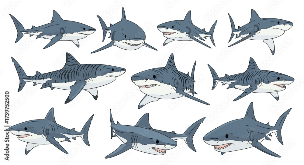 Fototapeta premium A collection of pixel art illustrations of various sharks swimming in the ocean.