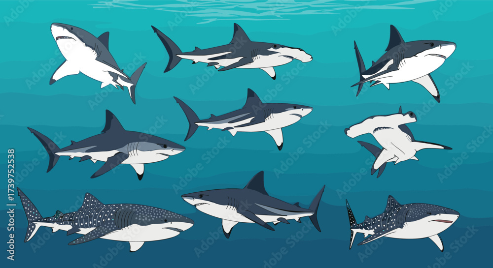 Obraz premium A colorful array of pixel art sharks swimming in the ocean depths.