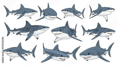 A collection of pixel art illustrations of various sharks swimming in the ocean.