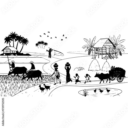Peaceful vector line art illustration of simple daily life in a rural village setting, showing people performing everyday tasks near a body of water, with traditional huts, trees, and a tranquil count