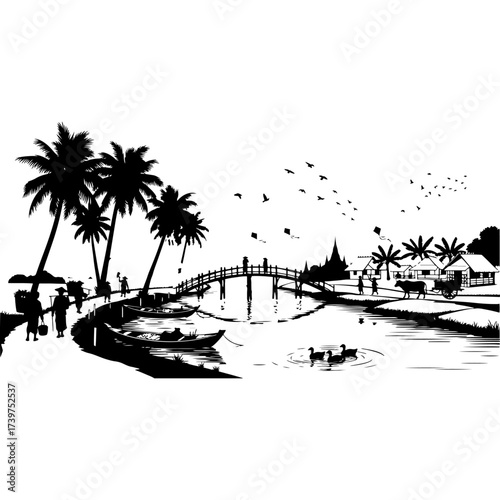 Beautiful black and white vector line art sketch of a serene tropical beach and seascape, featuring tall palm trees, gentle ocean waves, and a small wooden bridge or jetty extending over the calm wate
