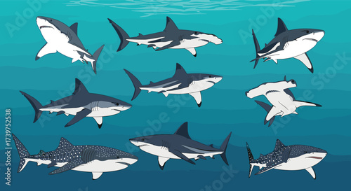 A colorful array of pixel art sharks swimming in the ocean depths.