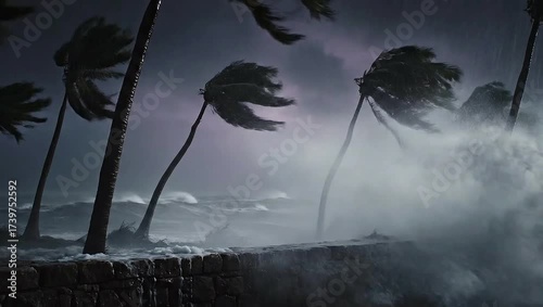 Stormy sea with strong winds and swaying palm trees at night  