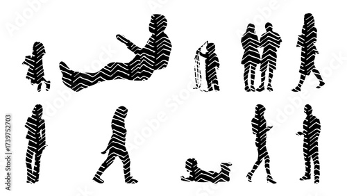 Vector illustration, Outline silhouettes of people, Contour drawing, people silhouette, Icon Set Isolated , Silhouette of sitting people, Architectural set