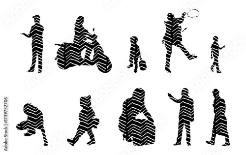 Vector illustration, Outline silhouettes of people, Contour drawing, people silhouette, Icon Set Isolated , Silhouette of sitting people, Architectural set