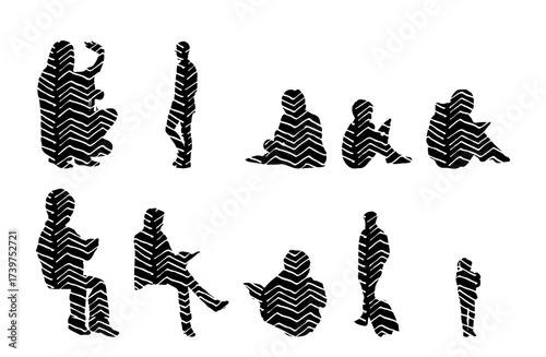 Vector illustration, Outline silhouettes of people, Contour drawing, people silhouette, Icon Set Isolated , Silhouette of sitting people, Architectural set