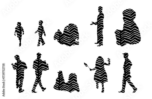 Vector illustration, Outline silhouettes of people, Contour drawing, people silhouette, Icon Set Isolated , Silhouette of sitting people, Architectural set