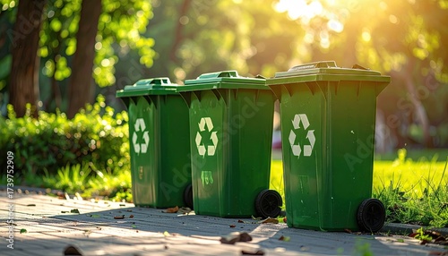 Three Green Recycling Bins Lined Up in a Park Under Bright Sunlight with Green Foliage and a Cement Pathway During a Sunny Day