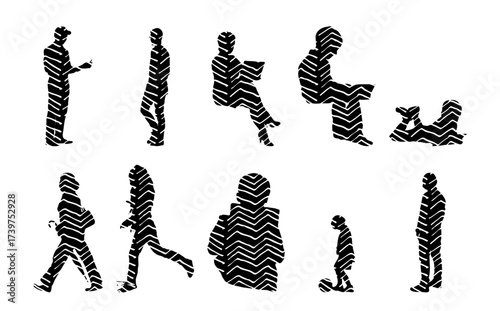 Vector illustration, Outline silhouettes of people, Contour drawing, people silhouette, Icon Set Isolated , Silhouette of sitting people, Architectural set