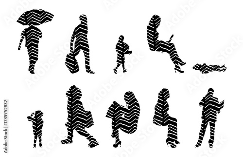 Vector illustration, Outline silhouettes of people, Contour drawing, people silhouette, Icon Set Isolated , Silhouette of sitting people, Architectural set