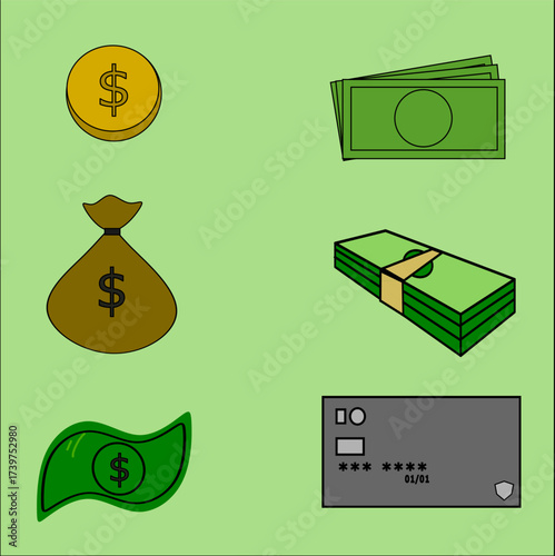 Colorful vector of money bills, coins, bag and credit card. cartoon style. suitable for digital presentations, flyers, posters, cards...