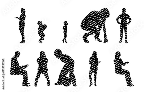 Vector illustration, Outline silhouettes of people, Contour drawing, people silhouette, Icon Set Isolated , Silhouette of sitting people, Architectural set