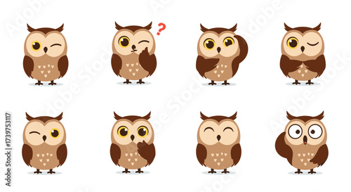 A charming collection of expressive cartoon owls showing various emotions and reactions.