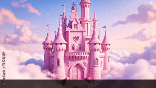 Fantasy pink castle with towers above fluffy clouds at sunset  