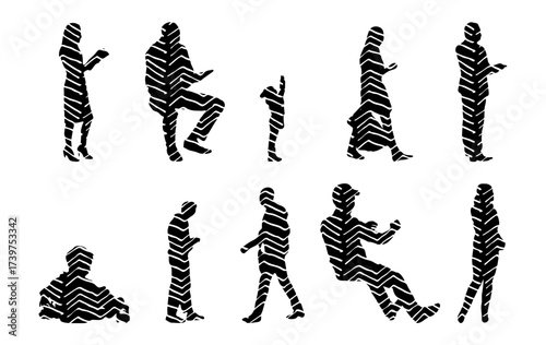 Vector illustration, Outline silhouettes of people, Contour drawing, people silhouette, Icon Set Isolated , Silhouette of sitting people, Architectural set