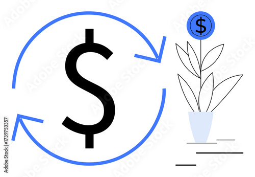 Large dollar symbol surrounded by circular arrows next to a plant growing from dollar sign, symbolizing financial sustainability. Ideal for investment, growth, eco-finance, profit, economy, budget