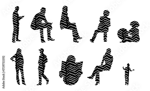 Vector illustration, Outline silhouettes of people, Contour drawing, people silhouette, Icon Set Isolated , Silhouette of sitting people, Architectural set