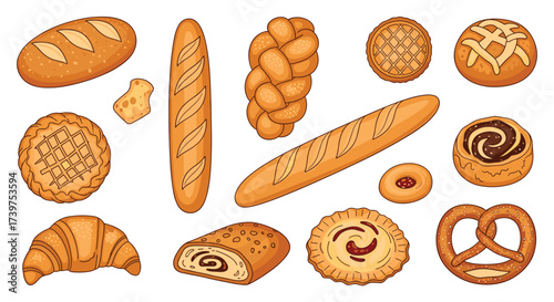 A delightful assortment of freshly baked bread pastries and sweet treats on a white background.