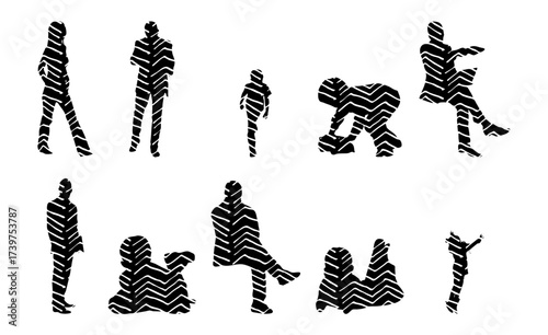Vector illustration, Outline silhouettes of people, Contour drawing, people silhouette, Icon Set Isolated , Silhouette of sitting people, Architectural set