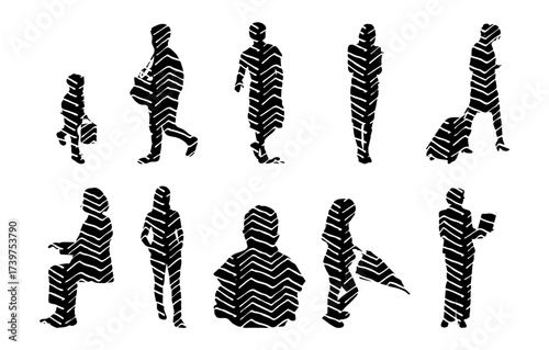 Vector illustration, Outline silhouettes of people, Contour drawing, people silhouette, Icon Set Isolated , Silhouette of sitting people, Architectural set