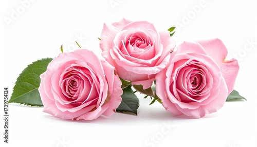 Three Pink Roses Isolated on White Background with Green Leaves