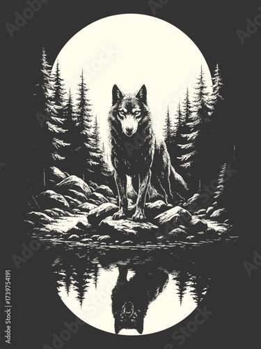 Engraved wolf standing near forest lake with reflection under the moonlight.