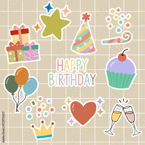 Happy Birthday celebration sticker collection on grid background.