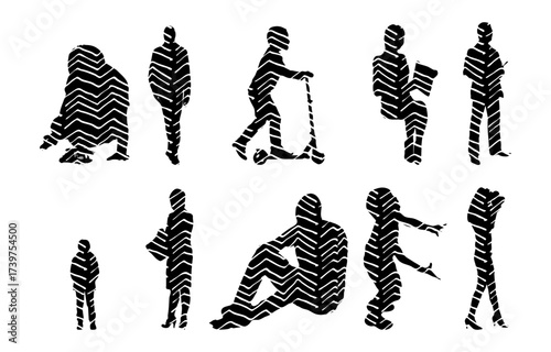 Vector illustration, Outline silhouettes of people, Contour drawing, people silhouette, Icon Set Isolated , Silhouette of sitting people, Architectural set