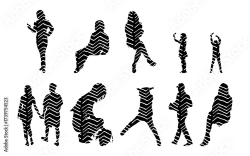 Vector illustration, Outline silhouettes of people, Contour drawing, people silhouette, Icon Set Isolated , Silhouette of sitting people, Architectural set