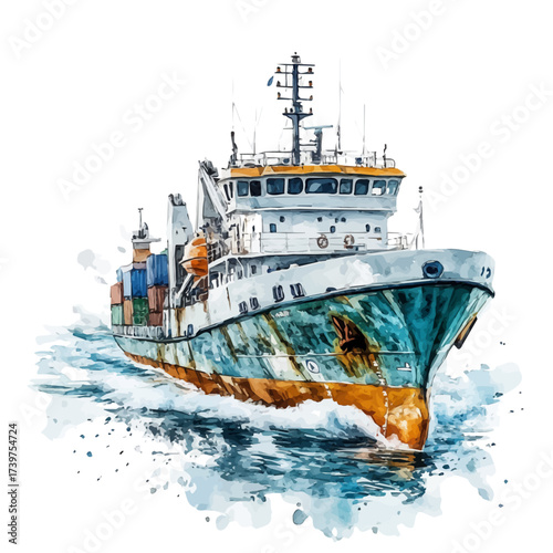 Cargo Ship, watercolor vector, isolated on a white background.