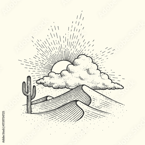 Vintage engraving of desert dunes with cactus and cloudy sky, retro wilderness landscape illustration.