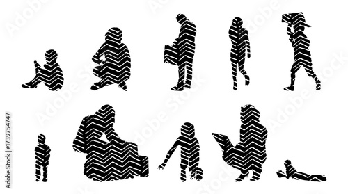 Vector illustration, Outline silhouettes of people, Contour drawing, people silhouette, Icon Set Isolated , Silhouette of sitting people, Architectural set