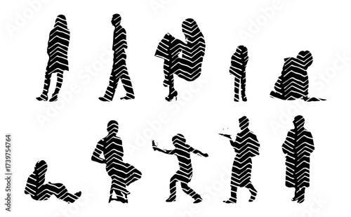 Vector illustration, Outline silhouettes of people, Contour drawing, people silhouette, Icon Set Isolated , Silhouette of sitting people, Architectural set