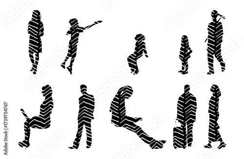 Vector illustration, Outline silhouettes of people, Contour drawing, people silhouette, Icon Set Isolated , Silhouette of sitting people, Architectural set