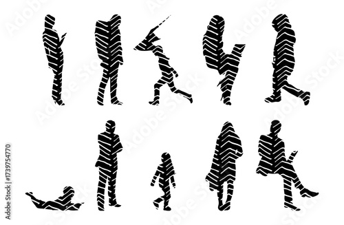 Vector illustration, Outline silhouettes of people, Contour drawing, people silhouette, Icon Set Isolated , Silhouette of sitting people, Architectural set