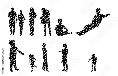 Vector illustration, Outline silhouettes of people, Contour drawing, people silhouette, Icon Set Isolated , Silhouette of sitting people, Architectural set
